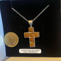 Sterling silver Amber gemmed cross pendant on 925 chain