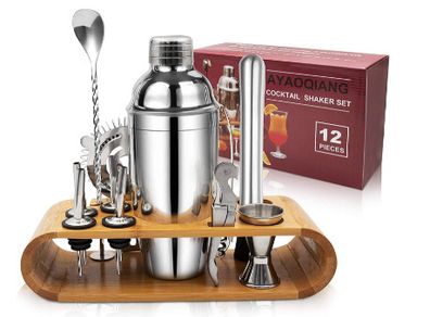 12Pcs/Set Cocktail Shaker Mixer Stainless Steel Bartender Bamboo Bartending Wine Rack Stand :SECOND DAY DELIVERY