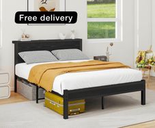 Double Bed Frame with Wooden Storage Shelf Headboard, Metal Platform Bed Frame Double Bed, No Box Spring Needed, Enhanced Support, Black