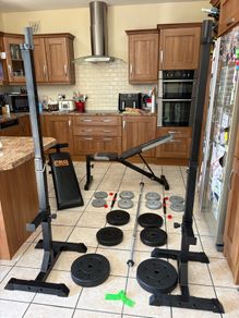 Weight Bench And  Squat/bench Press Rack, Second Bench (abs Sit Up Bench)50kg Barbell Weights Set,  Dumbbells, Accessories Etc.