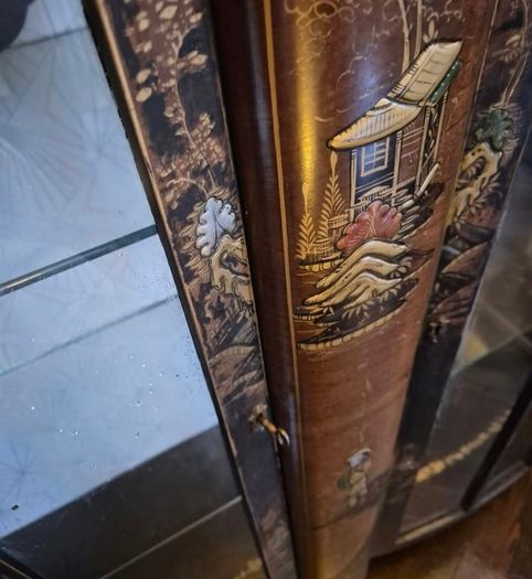 Vintage  Turnige Chinoiserie locking ebonised handpainted cabinet 3 tiers