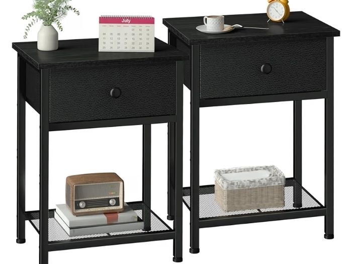 Bedside Tables Set of 2, Side Tables with Fabric Drawers  Coffee Table with Storage Shelf, Sofa Table, Nightstand with Metal Frame for Bedroom, Living Room, Black