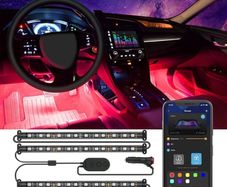 Car LED Strip Light, Interior Car Lights 2-Line Design Waterproof 4pcs APP Control Lighting Kit, Under Dash RGB Car Lighting with Car Charger (FREE POSTAGE)