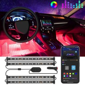 Car LED Strip Light, Interior Car Lights 2-Line Design Waterproof 4pcs APP Control Lighting Kit, Under Dash RGB Car Lighting with Car Charger (FREE POSTAGE)