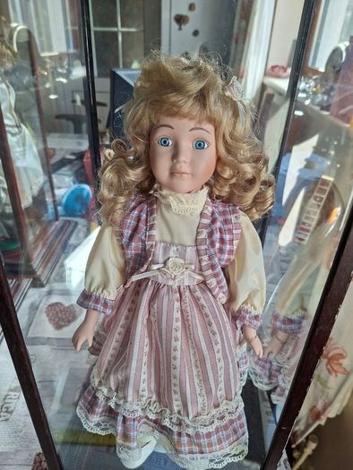 Collector's Porcelain Doll, In A very Large Mahogany Display Case, PRICE IS FOR 1 ONLY these came from a Pub contents,