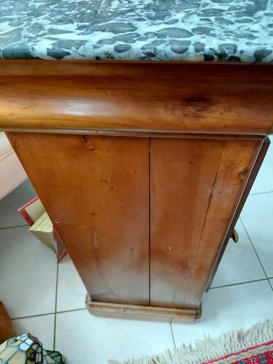 Antique Louis Phillippe style bedside table grey white veined marble top