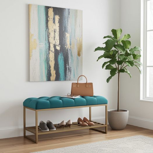 Teal Velvet Upholstered Bench with Gold Metal Shoe Rack