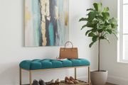 Teal Velvet Upholstered Bench with Gold Metal Shoe Rack