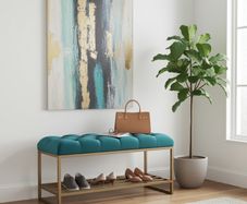 Teal Velvet Upholstered Bench with Gold Metal Shoe Rack