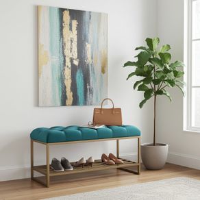 Teal Velvet Upholstered Bench with Gold Metal Shoe Rack