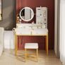 Dressing Table Set, with height adjustable mirror for 120by180 cm, LED Lights with Adjustable Brightness, Vanity Table with stool, 2 fabric Drawers and 4 Open Compartments, 80by40by136cm, White+Gold Image 6