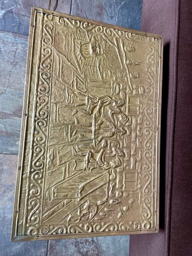 Ornate Brass Fireside Coal Box Embossed Tavern Scene