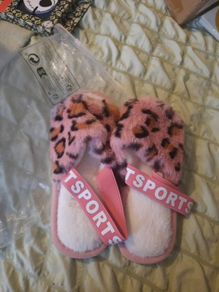pink furry leopard print slippers