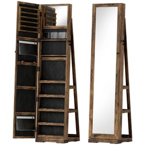 360 Swivel Jewellery Cabinet, Free Standing Full Length Mirror with Storage, Lockable Jewellery Organiser with Built-in Makeup Mirror and Storage Shelves for Bedroom, Rustic Brown