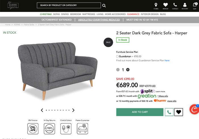 Harper Dark Grey 2-Seater Sofa EZ Living Furniture