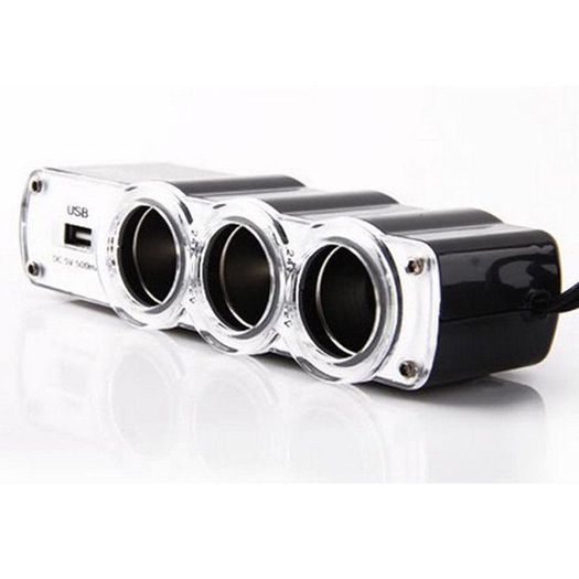 Car Interior 3 Sockets Car Cigarette Lighter Extender Splitter and 1 USB Port Car Charger