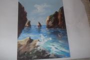 a small oil painting on board of the sea
