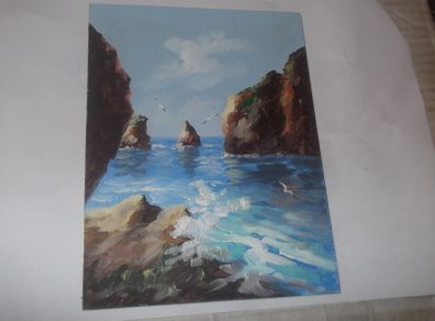 a small oil painting on board of the sea