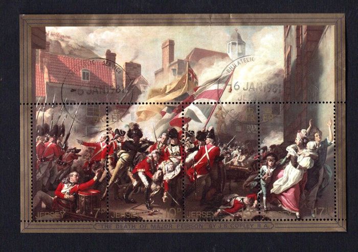 1981 Jersey Bicentenary of Battle of Jersey. The Death of Major Pelsron by JS Copley Commemorative Stamps Miniature Sheet Used on first day of issue 6th January 1981