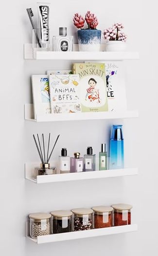 4 Pack White Adhesive Shelves, 15"x4" No Drill Acrylic Wall Shelves | Dual-Mount (Adhesive or Screws) Waterproof Storage Bathroom Shelf Organizer for Kitchen, Living Room, Bedroom