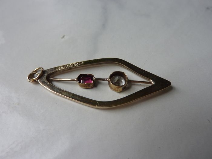 Modernist-style 9ct Gold Pendant, Pink and White Sapphire, London Hallmarked, Geometric Open Design