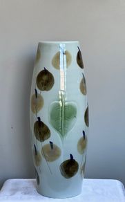 Large light green pottery Vase with leaf and fruit motifs PRICE DROP