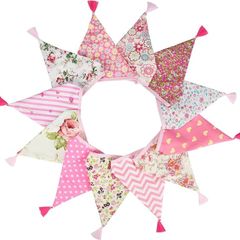 NEW SALE Fabric Bunting Banner with Tassel, 3.3M Double Sided Cotton Tassel Banner with 12 Pink Triangle Pennants, Vintage Cloth Garlands for Nursery Bedroom Playhouse Decoration