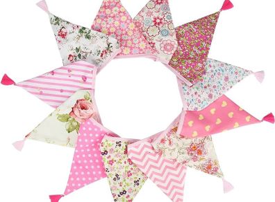 NEW SALE Fabric Bunting Banner with Tassel, 3.3M Double Sided Cotton Tassel Banner with 12 Pink Triangle Pennants, Vintage Cloth Garlands for Nursery Bedroom Playhouse Decoration