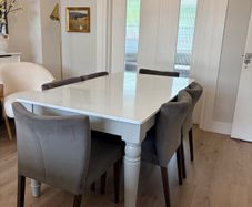 Marble top Dining Table w/ 6 grey velvet chairs
