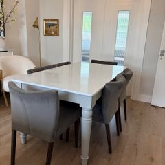 Marble top Dining Table w/ 6 grey velvet chairs