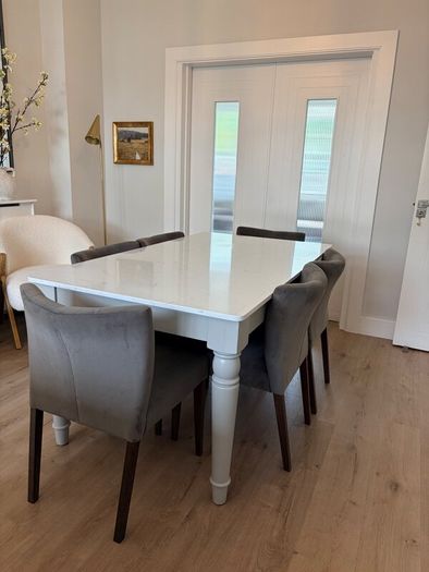 Marble top Dining Table w/ 6 grey velvet chairs