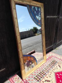 Antique French Mirror large freestanding 6 foot high with stained glass 1920s Beautiful patina a one of a kind piece