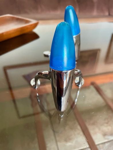 Vintage EZ ECH Centaur Salt Pepper Shakers Polished Stainless Steel Blue Space Age Design 1990s