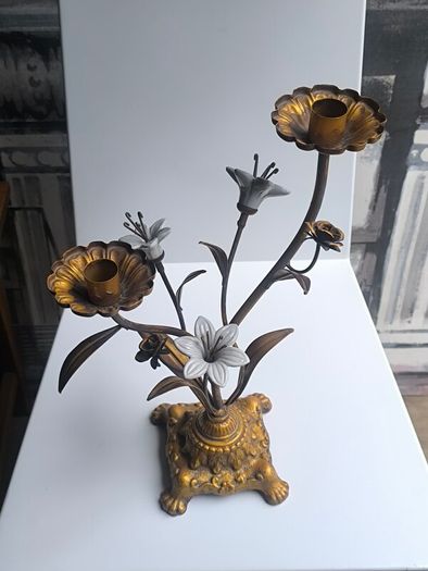 Antique 1930s French Botanical Gilt Metal & Porcelain Candelabra