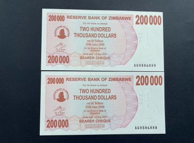 Zimbabwe  Two Hundred Thousand Dollars  VERIFIED UNDER UV LIGHT. ( Uncirculated )2007 . Pick. 49a.