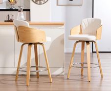Bar Stools Set of 2, Velvet Swivel with Double Back Padding Curved Wooden Legs