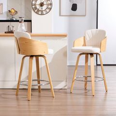 Bar Stools Set of 2, Velvet Swivel with Double Back Padding Curved Wooden Legs