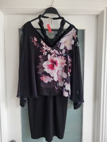 WALLIS Black floral cape layered dress Sz 12