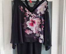 WALLIS Black floral cape layered dress Sz 12