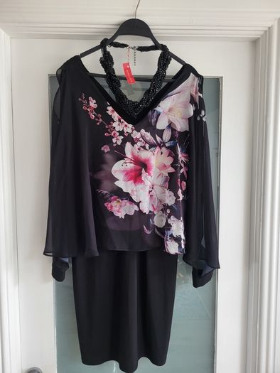 WALLIS Black floral cape layered dress Sz 12