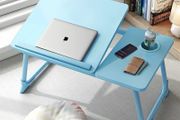 Laptop Bed Table with Foldable Legs &amp; Cup Slot, Reading Holder Notebook Stand Breakfast Bed Tray Book Holder for Sofa, Bed, Terrace, Balcony (Blue)