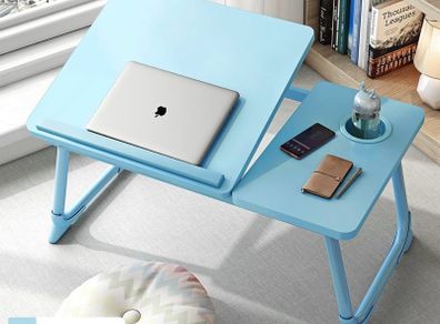 Laptop Bed Table with Foldable Legs & Cup Slot, Reading Holder Notebook Stand Breakfast Bed Tray Book Holder for Sofa, Bed, Terrace, Balcony (Blue)