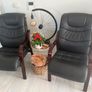 Pair of Black Leather Office / Visitor Armchairs with Mahogany Wooden Arms Image 7