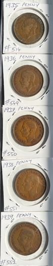 British Pennies 1935, 1936, 1937, 1938, 1939