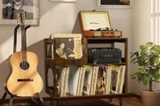 Large Rustic Record Player Stand, 2 Tier Record Player Table with Vinyl Record Storage 370 Albums