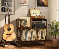 Large Rustic Record Player Stand, 2 Tier Record Player Table with Vinyl Record Storage 370 Albums