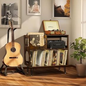 Large Rustic Record Player Stand, 2 Tier Record Player Table with Vinyl Record Storage 370 Albums
