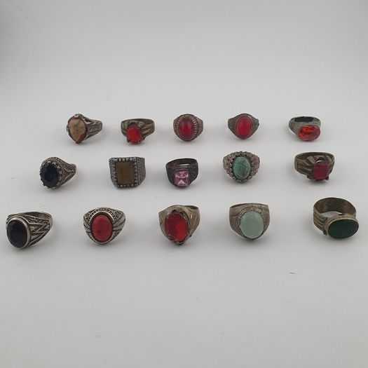Lot of 15 Antique Tribal Style Brass Rings Mixed Stone & Colourful Glass