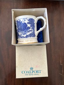 This is a vintage 1977 Coalport Fine Bone China "Father's Day" mug featuring a blue scene of anglers.