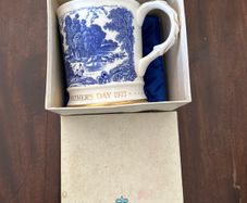 This is a vintage 1977 Coalport Fine Bone China "Father's Day" mug featuring a blue scene of anglers.